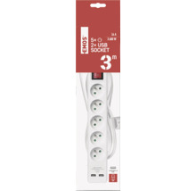 Prodlužovací kabel s pěti zásuvkami a dvěma porty USB, délka kabelu tři metry