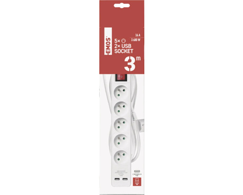 Prodlužovací kabel s pěti zásuvkami a dvěma porty USB, délka kabelu tři metry