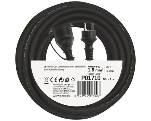 Prodlužovací kabel, černý kabel se zástrčkou a zásuvkou