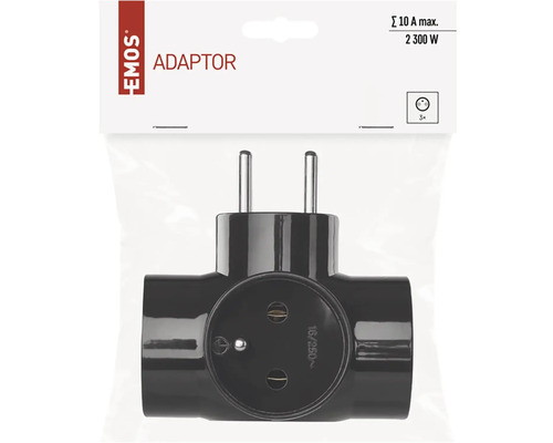 Černý trojitý adaptér zástrčky od společnosti Emos v obalu