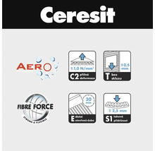 Vlastnosti produktu Ceresit: Technologie Aero, Fibre Force, deformace C2, T bez skluzu, otevřená doba E 30 minut, přídržnost v tahu S1