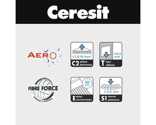 Vlastnosti produktu Ceresit: Technologie Aero, Fibre Force, deformace C2, T bez skluzu, otevřená doba E 30 minut, přídržnost v tahu S1