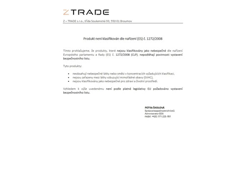 Logo ZTrade. Prohlášení, že produkt není klasifikován podle nařízení (ES) číslo 1272/2008.