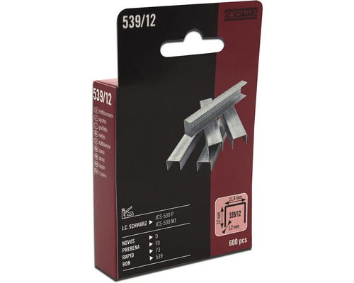 Sponky J.C. Schwarz typ 539/12, 600 kusů, podrobnosti o velikosti a kompatibilitě na obalu