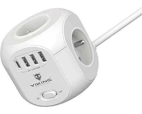Napájecí lišta ve tvaru krychle s porty USB a vypínačem