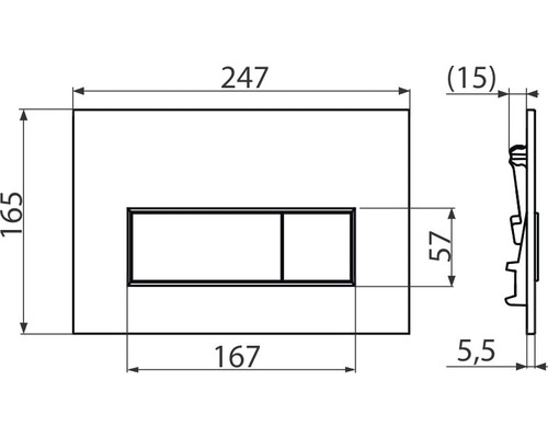 Technický výkres ovládacího panelu pro toaletu s rozměry.