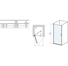 Technický nákres sprchových dveří s rozměry