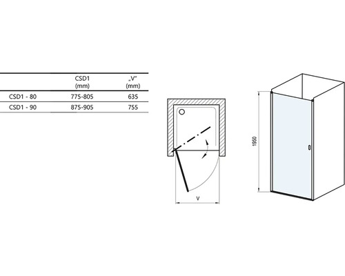 Technický nákres sprchových dveří s rozměry