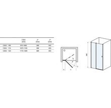 Technický výkres sprchových dveří s rozměry