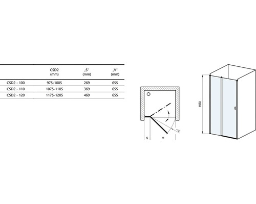 Technický výkres sprchových dveří s rozměry