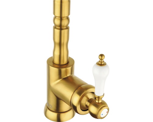 Zlatá umyvadlová baterie s bílou rukojetí
