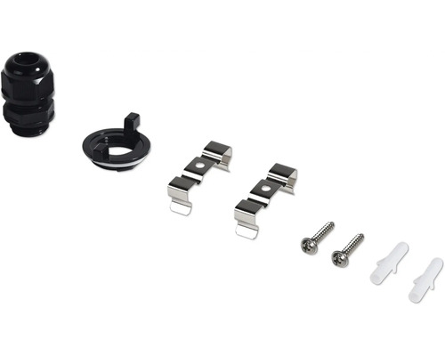 Příslušenství pro montáž svítidel s kabelovou vývodkou, upevňovacími sponami, šrouby a hmoždinkami
