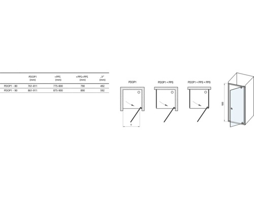 Technický výkres sprchy s rozměry