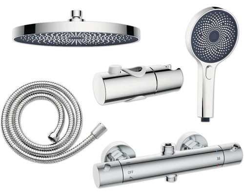 Sprchová souprava s horní sprchou, ruční sprchou, sprchovou hadicí a termostatem