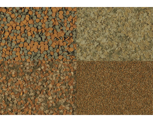 Detailní záběr krmiva pro ryby v různých tvarech