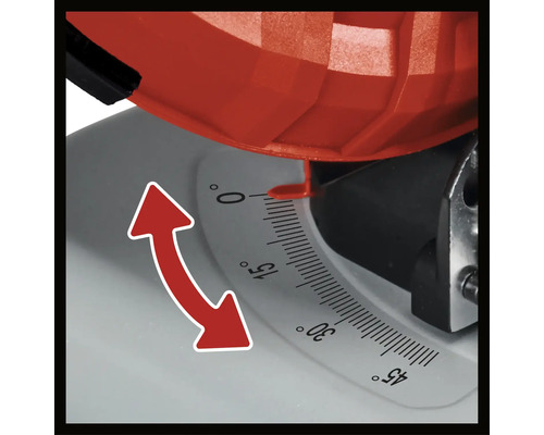 Detailní záběr pokosové pily s dělením stupňů a šipkou