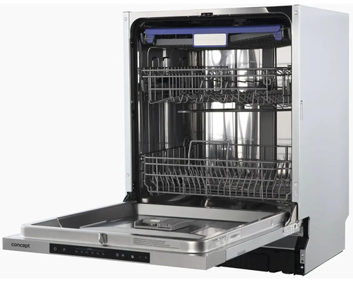 Otevřená myčka nádobí s koši na nádobí