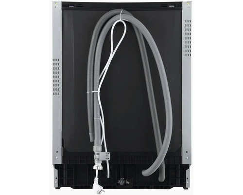 Pohled zezadu na myčku nádobí s připojovacími hadicemi a napájecím kabelem