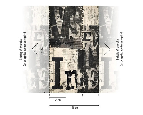 Nástěnná malba s motivem novinových článků a písmen, 280 x 159 cm