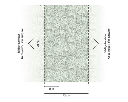 Diagram fototapety s tropickým motivem listů a rozměry