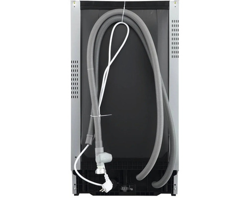 Pohled zezadu na myčku s připojovacími hadicemi a napájecím kabelem