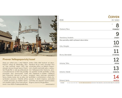 List kalendáře červen 2026 s obrázkem areálu pivovaru Velkopopovický Kozel