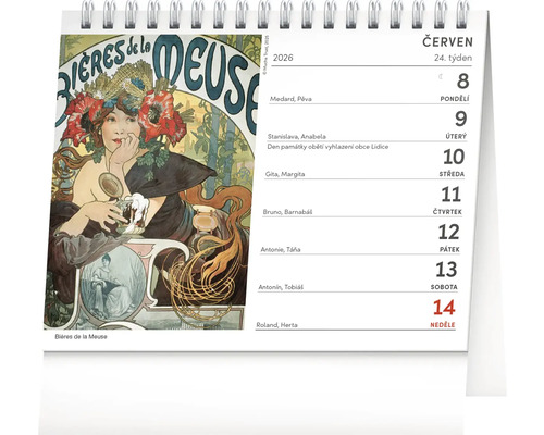 Nástěnný kalendář s uměleckým motivem a zobrazením data pro červen 2026