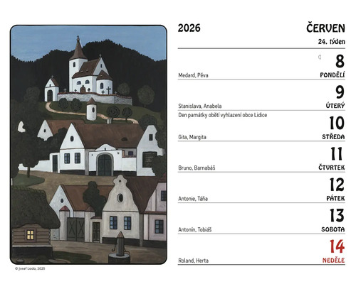 Kalendářní list červen 2026 s ilustrací vesnice s kostelem