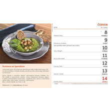 Kalendářní list s receptem na špenátový hummus.