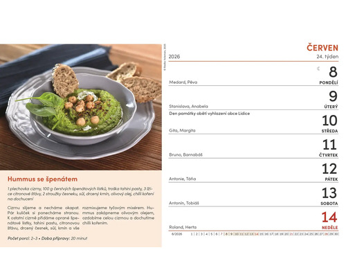Kalendářní list s receptem na špenátový hummus.