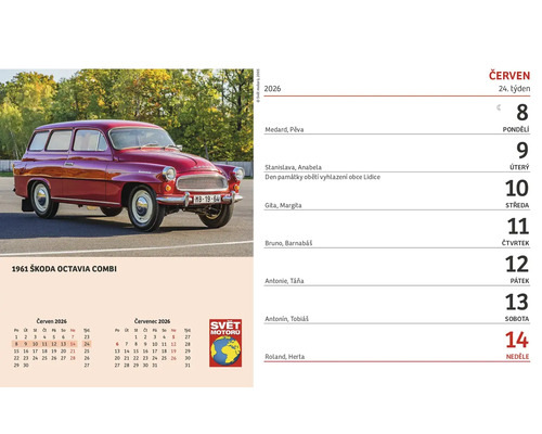 List kalendáře červen 2026 s fotografií vozu Škoda Octavia Combi z roku 1961