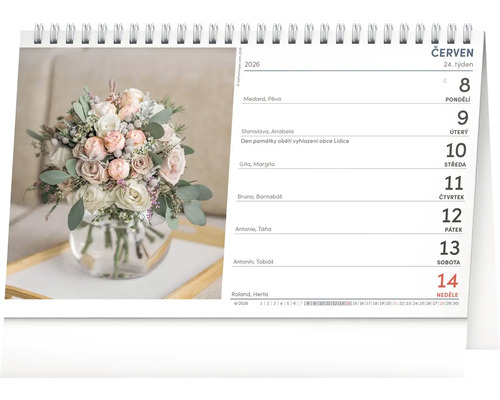 Stolní kalendář s kyticí květin v červnu 2026