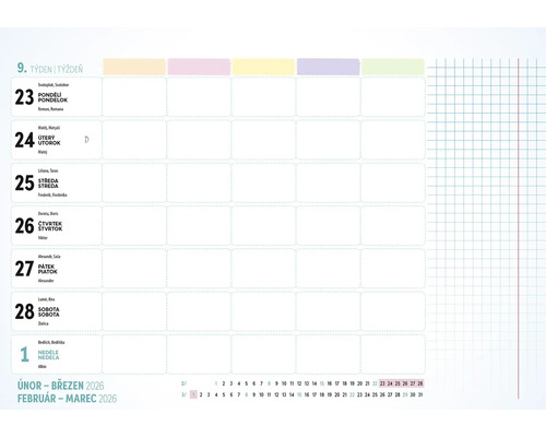 Kalendářní týden s daty a prostorem pro poznámky