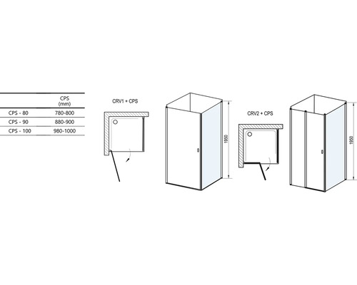 Technické nákresy variant sprchových koutů s rozměry