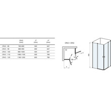 Technický výkres rohového sprchového koutu s rozměry