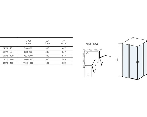 Technický výkres rohového sprchového koutu s rozměry