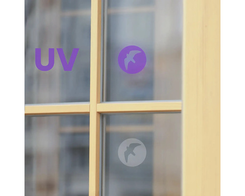 Okno se symbolem ochrany proti UV záření a symbolem ochrany ptactva