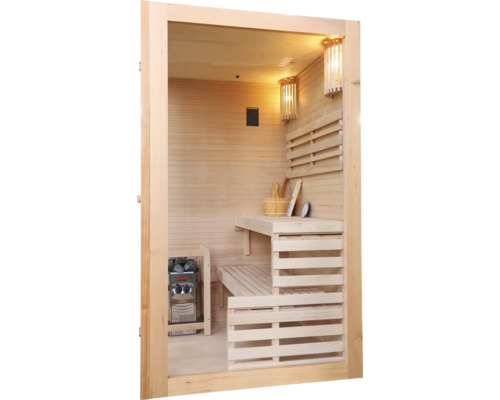 Interiér dřevěné sauny s lavicemi, kamny a saunovým příslušenstvím