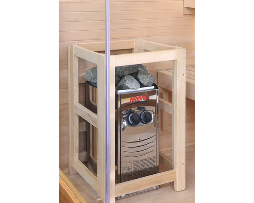 Saunová kamna s kameny v dřevěné sauně