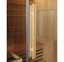 Sauna se skleněnými dveřmi a dřevěnou rukojetí