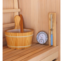 Dřevěné vědro do sauny, přesýpací hodiny a teploměr