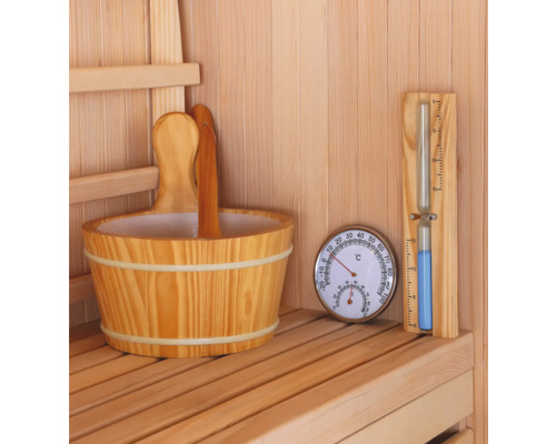 Dřevěné vědro do sauny, přesýpací hodiny a teploměr