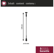 Nákres s rozměry závěsného svítidla: délka 135 centimetrů, průměr 44 milimetrů