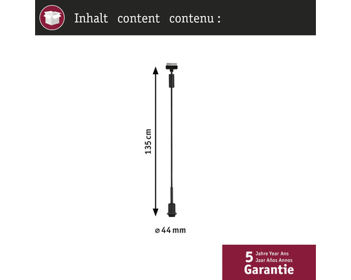 Nákres s rozměry závěsného svítidla: délka 135 centimetrů, průměr 44 milimetrů