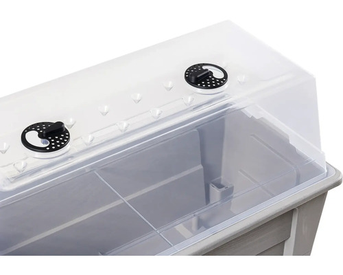 Sadbovací box s průhledným víkem a regulátory ventilace.