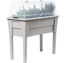 Zvýšený záhon s bylinkami a průhledným krytem do zahrady