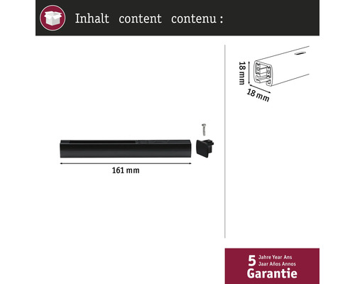 Obsah balení: Vodicí lišta o délce 161 milimetrů, šroub a koncovka o rozměrech 18 x 18 milimetrů. Pětiletá záruka.