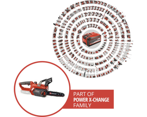 Řada akumulátorů Einhell Power X-Change s řetězovou pilou a akumulátorem
