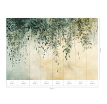 Nástěnná malba s motivem botanických listů a údaji o velikosti