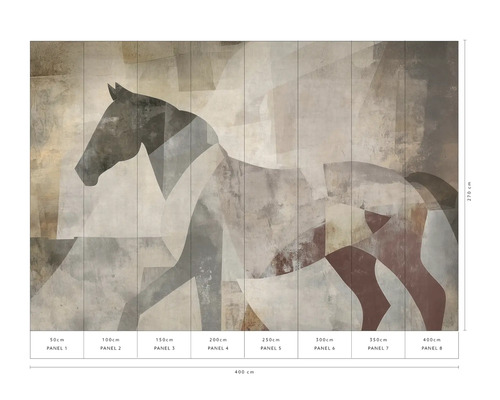 Nástěnná malba s abstraktním motivem koně, skládající se z osmi panelů
